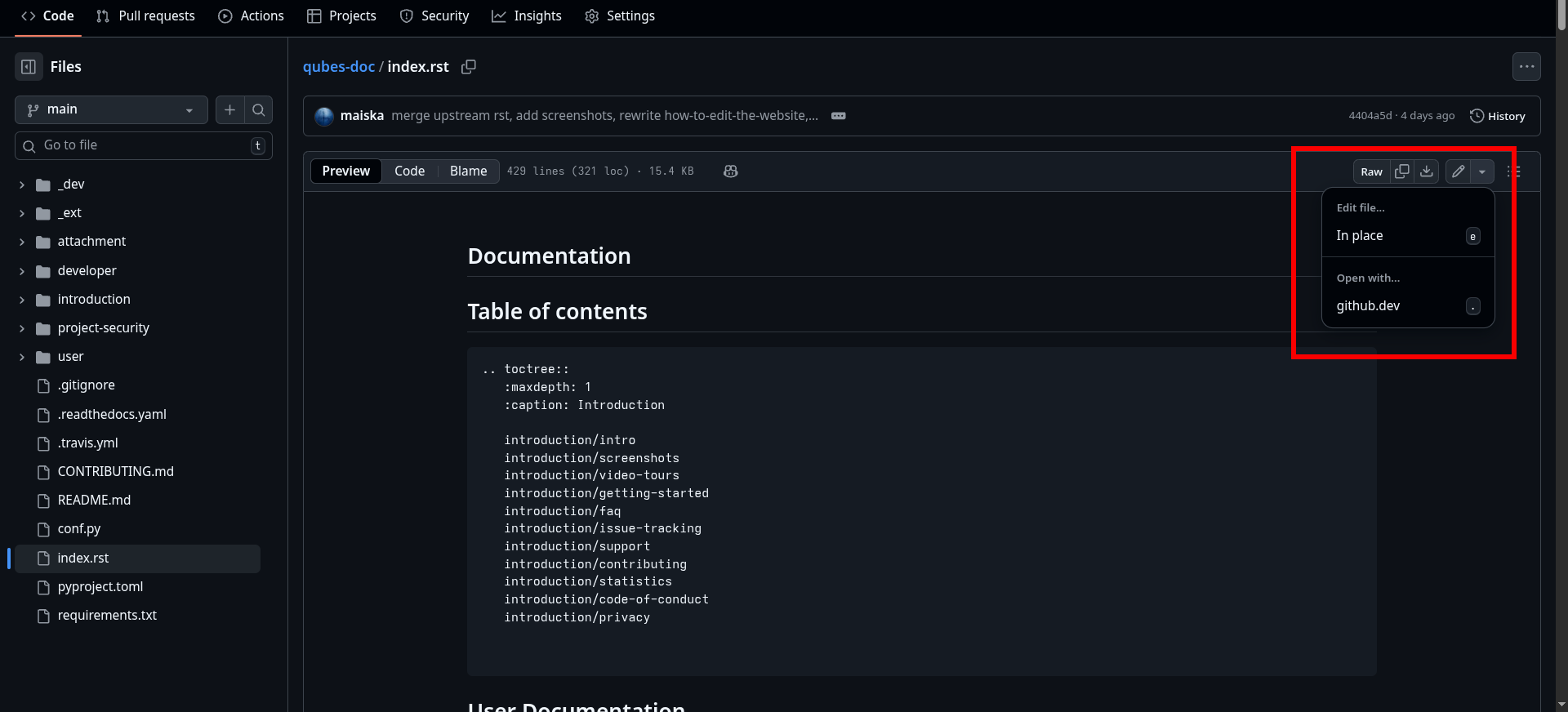 Highlights the edit options for an rst file in the GitHub forked qubes-doc repository