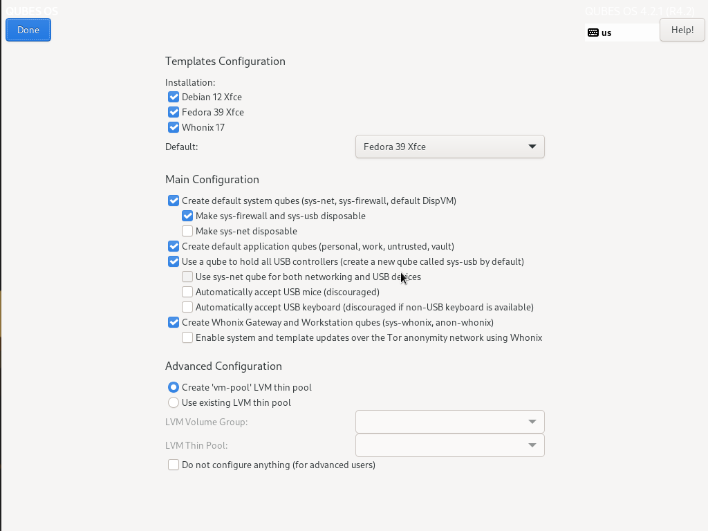 Initial configuration menu