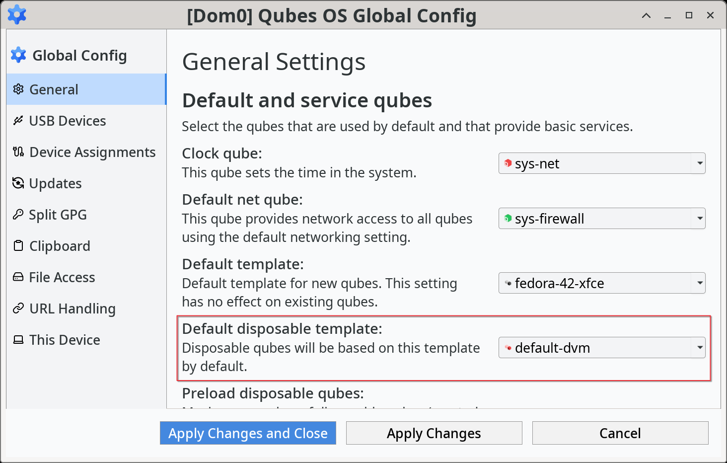Global config window with system's default disposable template item emphasized.