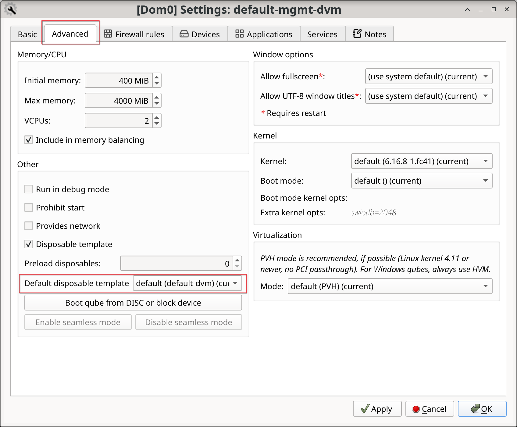 Qube settings of ``default-mgmt-dvm`` with qube's default disposable template item emphasized.