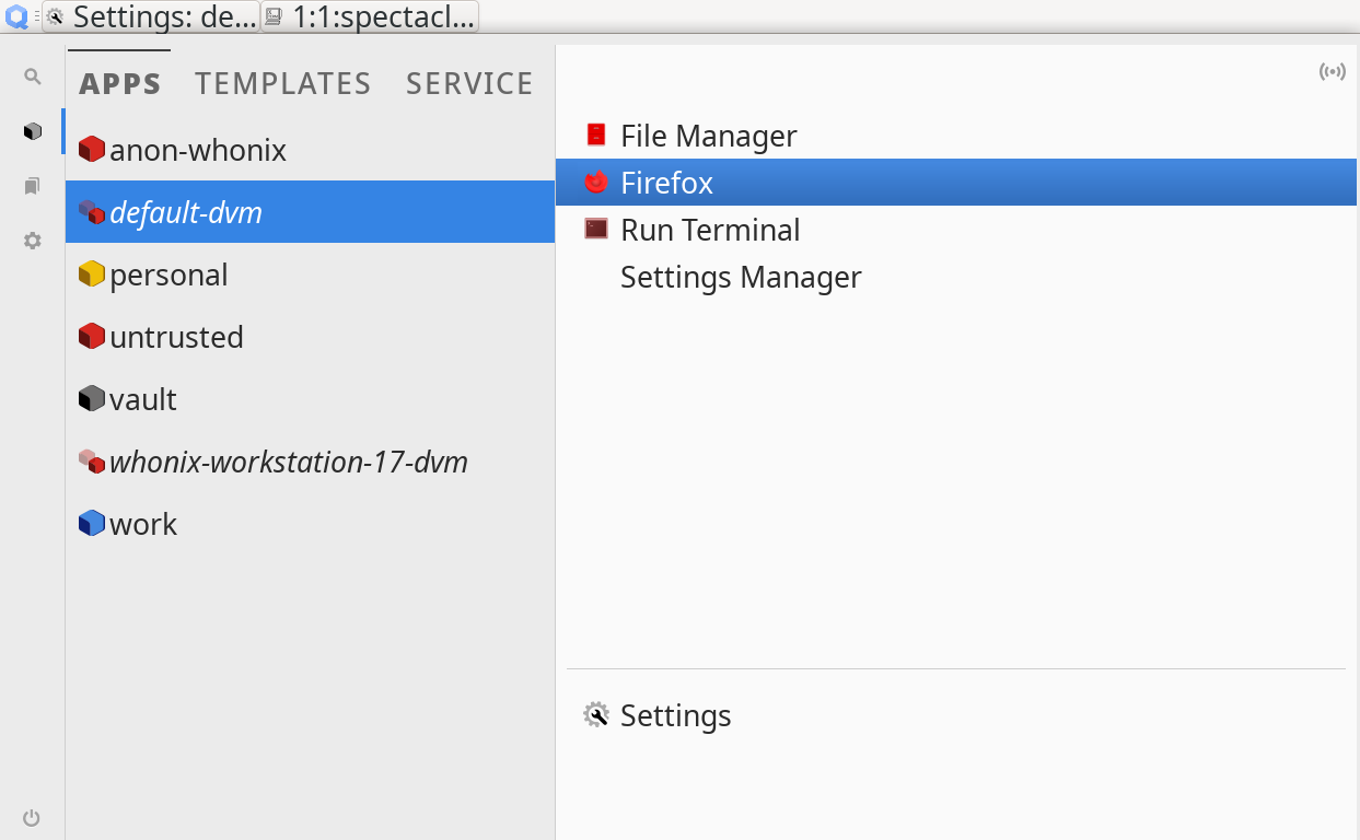 Application menu being used to open an Firefox from the ``default-dvm`` in a disposable qube.